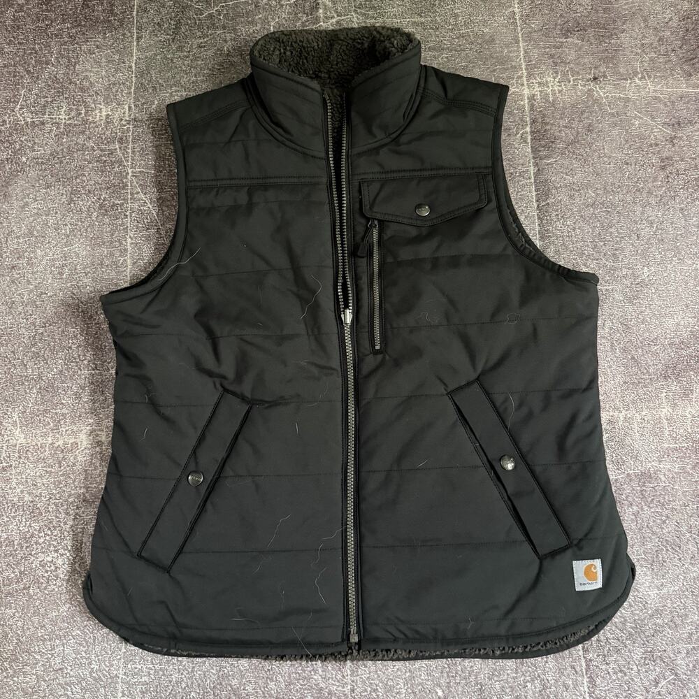 Womens Carhartt Black Gray Montana Sherpa Lined Reversible Work Puffer Vest Sz L